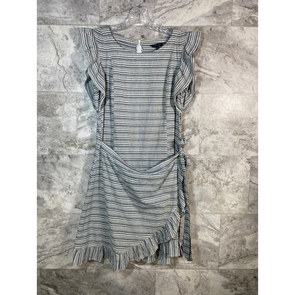 Lucky Brand‎ Wrap Ruffle Dress Blue White Stripe 100% Cotton Mini Women's Size M